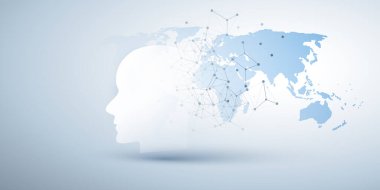 Makine Öğrenme, Yapay Zeka, Bulut Hesaplama ve Ağ Tasarımı İnsan veya Robot Yüz Silueti, Dünya Haritası ve Ağ Ağı Modeli