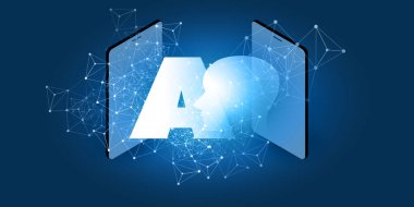 Gelecekçi Makine Öğrenme, Yapay Zeka, Bulut Hesaplama, Otomatik Destek ve Ağ Tasarımı Isometric AI Etiketi, Robot veya İnsan Yüzü Silueti ve Akıllı Telefonlar Konsepti