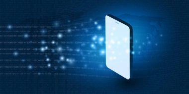 Soyut Mavi Asgari Bulut Hesaplama, Ağlar, Telekomünikasyon Tasarımı Akan Veri ve Cep Telefonu Parlak Çizgileri - Vektör Resimleri