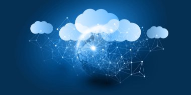 Bulut Hesaplama Tasarımı Konsepti - Dijital Bağlantılar, Dünya Küresi ve Geometrik Ağ Ağı ile Teknoloji Arkaplanı