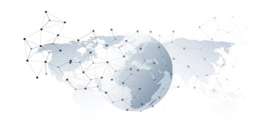 Gri dünya haritasının arka planında kıtaları birbirine bağlayan 3 boyutlu ağ noktaları ve çizgileri olan soyut gri küre. Küresel iletişim, veri transferi, internet ve küresel teknoloji için modern konsept.