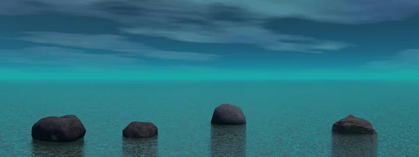 Meditação e pedra paisagem azul renderização 3D — Fotografia de Stock