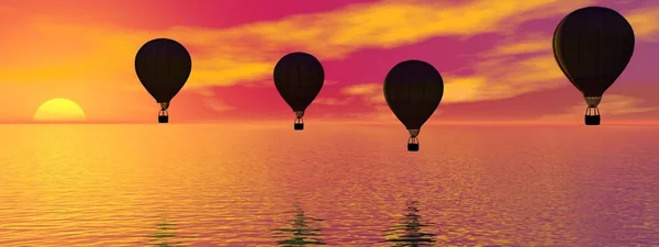 Por do sol com um voo de balão - renderização 3d — Fotografia de Stock
