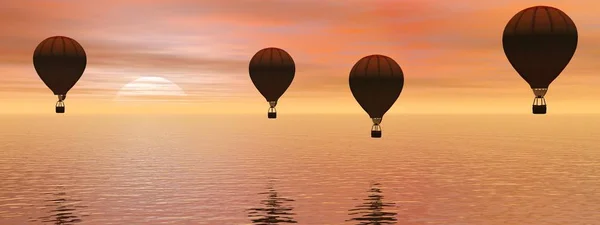 Sunset with a balloon flight - 3d rendering — Stock Photo, Image