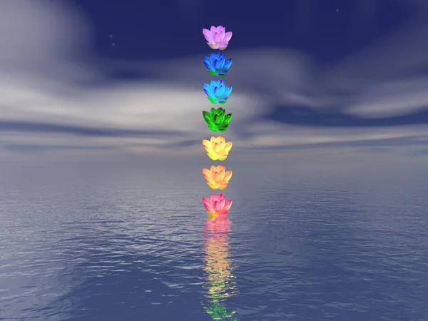 Paisaje de meditación y chakras para el equilibrio - 3d render —  Fotos de Stock