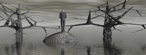 Apokalipszis táj és egy ember a depresszió-3D render — Stock Fotó