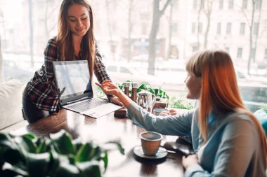 iş sunma üstünde laptop kafe, modern reklam teknolojileri