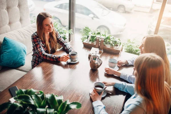Three Happy Female Friends Drinking Coffee Cafe — Stock Photo, Image