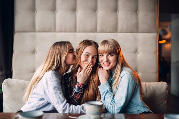 Three Happy Female Friends Drinking Coffee Cafe Hugging — Stock Photo, Image