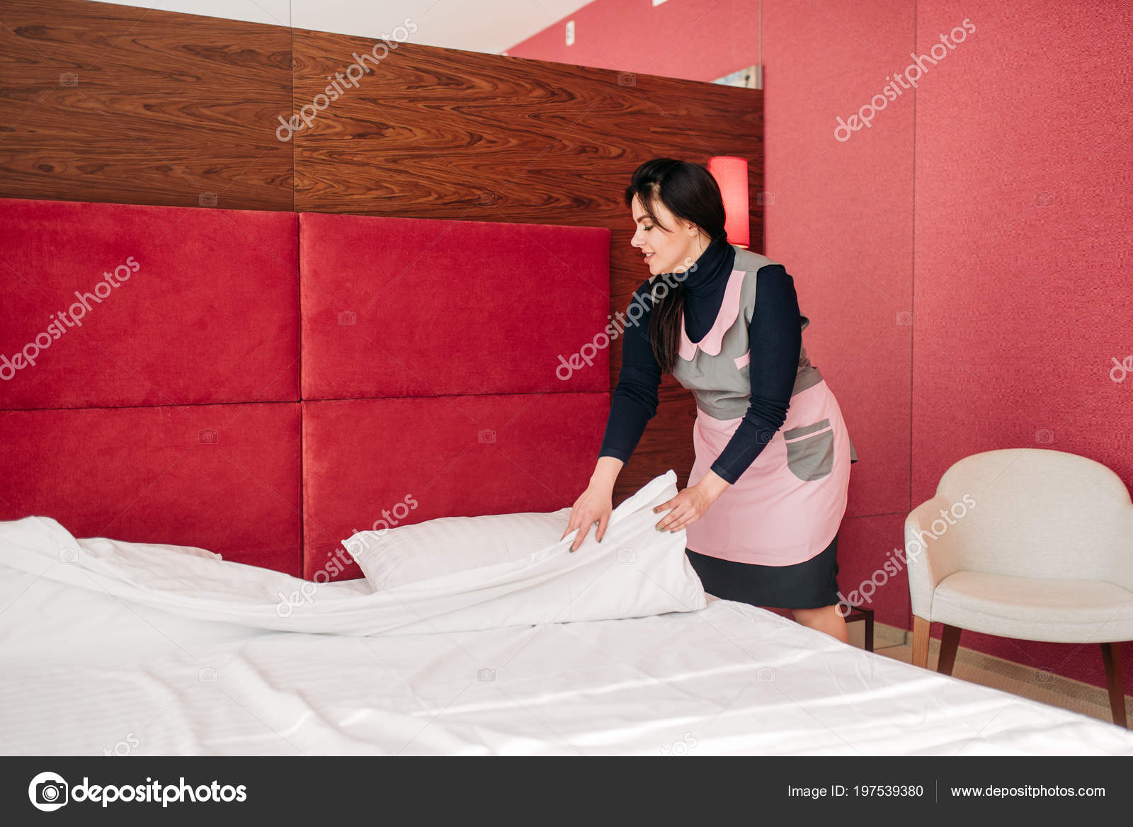 Pretty Maid Uniform Making Bed Hotel Room Cleaning Service