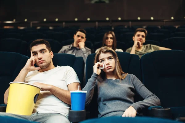 Man Woman Popcorn Cinema Boring Film Concept Couple Watching Movie — Stock Photo, Image