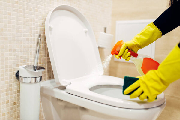 maid in rubber gloves cleaning toilet with cleaning spray, hotel restroom interior on background. Professional housekeeping service, sanitary processing