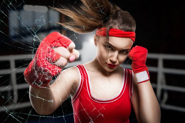 Жінка Спортсменка Червоних Боксерських Бинтах Спортивному Одязі — стокове фото