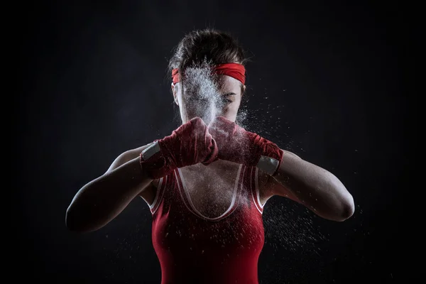 Female Athlete Red Boxing Bandages Sportswear — Stock Photo, Image