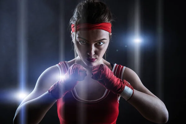 Atleta Femenina Vendajes Boxeo Rojo Ropa Deportiva —  Fotos de Stock