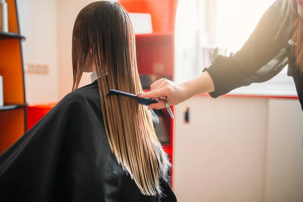 Cabeleireiro Trabalha Com Spray Hairdress Feminino Salão Cabeleireiro Penteado Fazendo — Fotografia de Stock