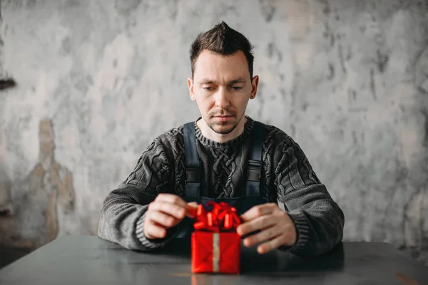 Autistic Man Sitting Gift Wrapping Paper Guy Abandoned House Autism — Stock Photo, Image