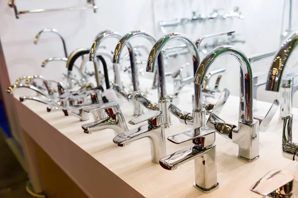 New Chrome Faucets Plumbing Shop Nobody Sanitary Equipment — Stock Photo, Image
