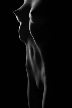 Çekici kız, çıplak kadın, siyah ve beyaz siluet. Genç kadın modeli, erotik ince kadın çıplak seksi vücut