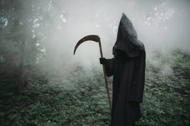 Death in a black hoodie and with a scythe in the dark misty forest. Horror style, fear, spooky demon clipart