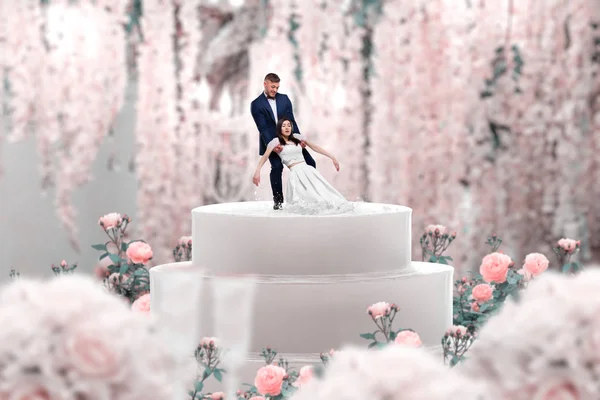 婚礼蛋糕与滑稽的新娘和新郎的数字在顶部 新婚夫妇带小雕像的新娘馅饼 — 图库照片