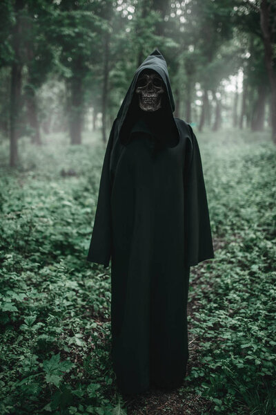 Death in a black hoodie in forest. Horror style, fear, spooky evil