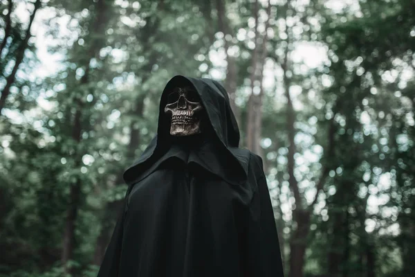 Ormandaki Bir Siyah Hoodie Ölümünde Korku Tarzı Korku Korkunç Kötü — Stok fotoğraf