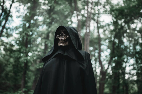 Death in a black hoodie in forest. Horror style, fear, spooky evil