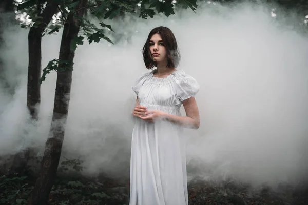 Young Female Victim White Dress Misty Forest Photo Horror Style — Stock Photo, Image