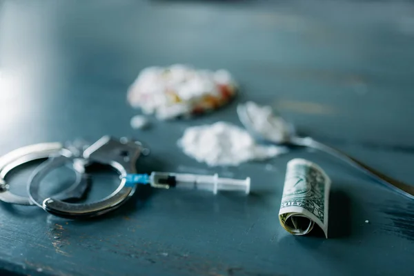 Junky Kit Narcotics Concept Addiction Problem Pills Wooden Table Syringe — Stock Photo, Image