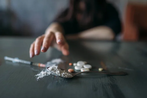 Female Junkie Hand Hand Reaching Dose Table Drug Addiction Concept — Stock Photo, Image