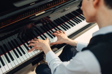 Piyanist piyano üzerinde arkadan görünüm müzik. Melodi Royale'de, klasik müzik aleti pratik müzisyen