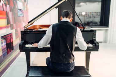 Erkek piyanist piyano üzerinde arkadan görünüm kompozisyon oynarken. Melodi Royale'de, klasik müzik aleti pratik müzisyen