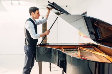 Erkek piyanist siyah kuyruklu piyano kapağını açar. Müzisyen ayarlar royale, klasik müzik aleti ayarlama