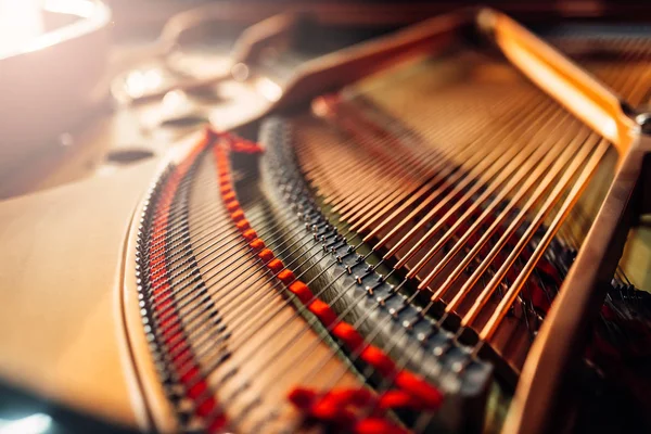 Binnen Grand Piano Strijkers Close Niemand Onder Verhoogde Deksel Van — Stockfoto