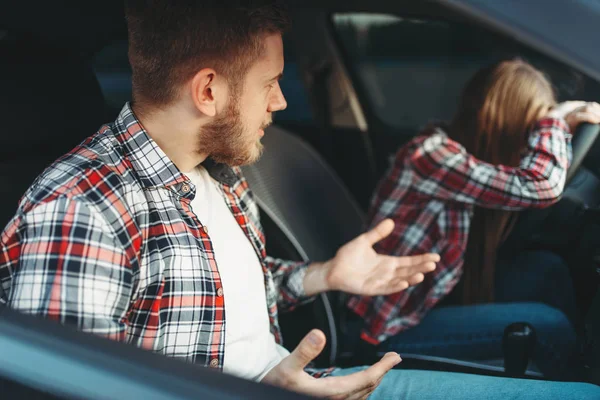 Male Driving Instructor Sad Female Student Vehicle Bad Exam Car — Stock Photo, Image