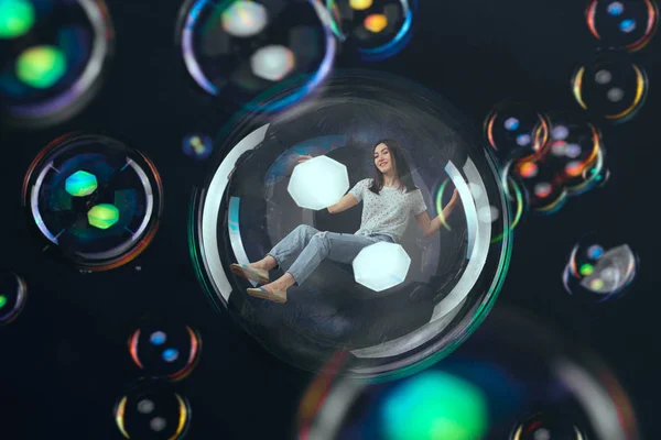 Cute Woman Flying Big Soap Bubble Happy Fantasy Female Person — Stock Photo, Image