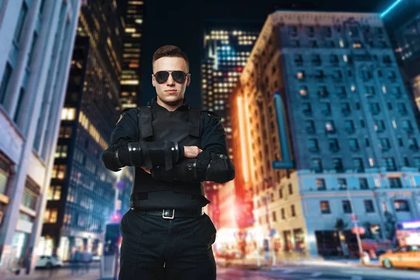 Police Officer Sunglasses Black Uniform Body Armor Night City Background — Stock Photo, Image