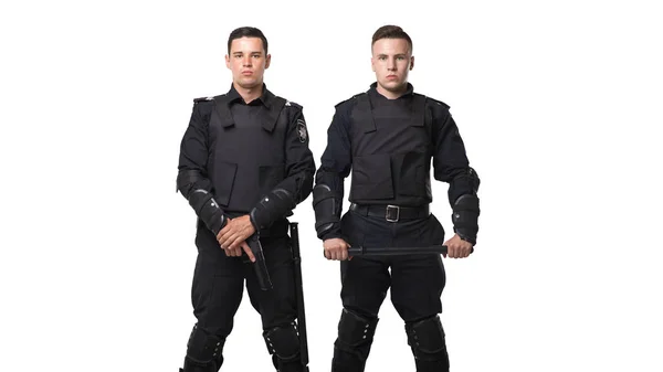 Tropas Força Especiais Com Uma Arma Bastão Uniforme Preto Armadura — Fotografia de Stock