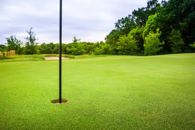 Son delik golf sahası ile yeşil kesilmiş çimen, bayrağı ile kimse. Spor Kulübü, çim Bahçesi oyun, boş için çayır
