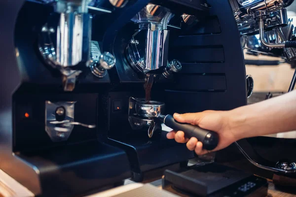 Barista Hand Pours Beverage Coffee Machine Professional Espresso Preparation Bartender — Stock Photo, Image