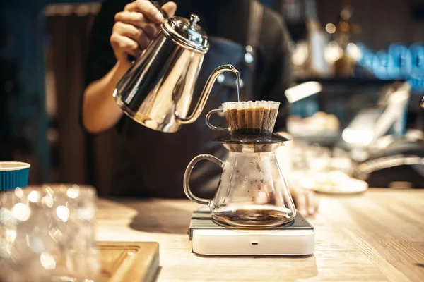 Male Barista Pours Boiling Water Glass Coffee Cafe Counter Background — Stock Photo, Image