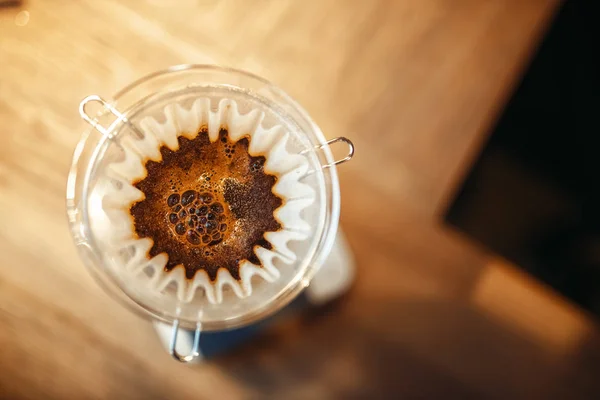 Glass Coffee Pot Membrane Closeup Top View Nobody Aroma Espresso — Stock Photo, Image