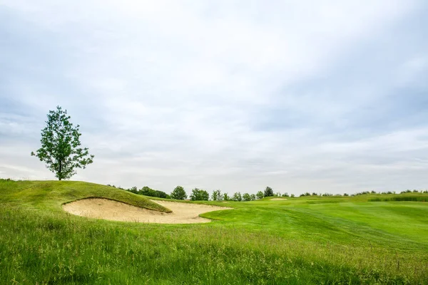 Pelouse Découpée Bunkers Sable Pour Golf Sur Terrain Golf Personne — Photo