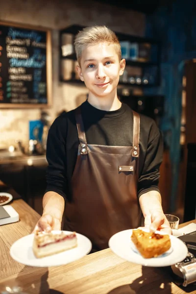 Young Male Barista Holding Hands Plates Sweet Dessert Cafe Counter — Stock Photo, Image