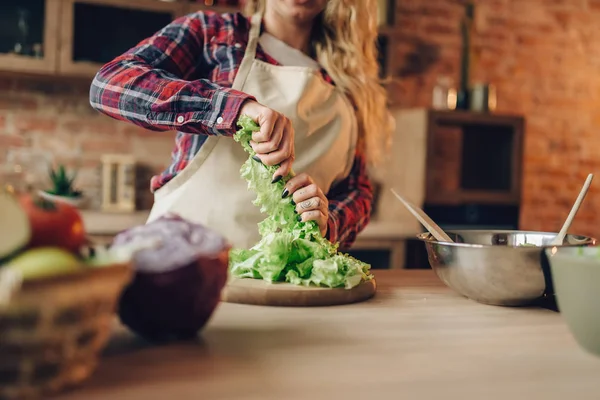 Housewife Apron Prepares Salad Kitchen Interior Background Female Cook Making — Stock Photo, Image