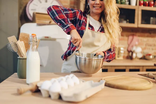 Smiling Housewife Apron Making Dough Bowl Kitchen Interior Background Female — Stock Photo, Image