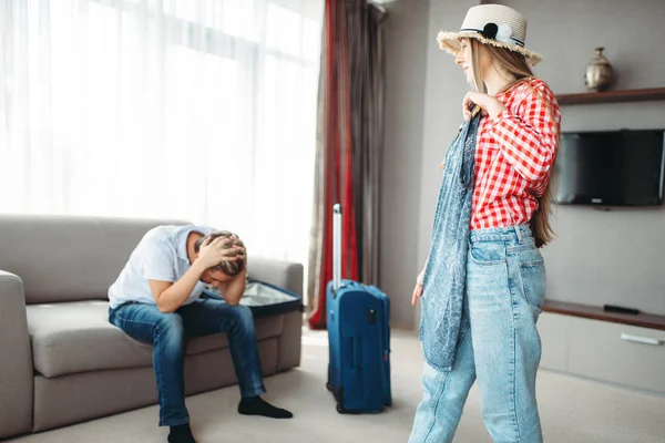 Wife Chooses What Dress Take Trip Tired Husband Fees Journey — Stock Photo, Image