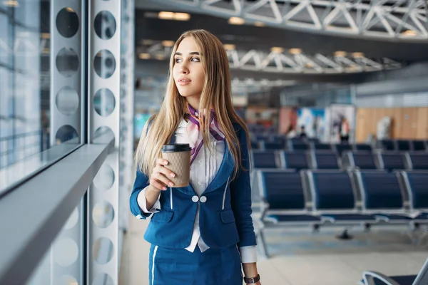 Stewardessa Walizki Kawy Przed Okno Lotnisko Stewardesa Bagażu Poczekalni Stewardesa — Zdjęcie stockowe