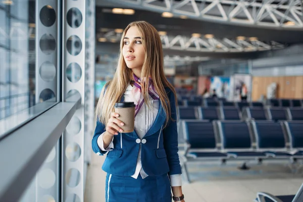 Aeromoça Com Mala Café Contra Janela Aeroporto Anfitriã Com Bagagem — Fotografia de Stock